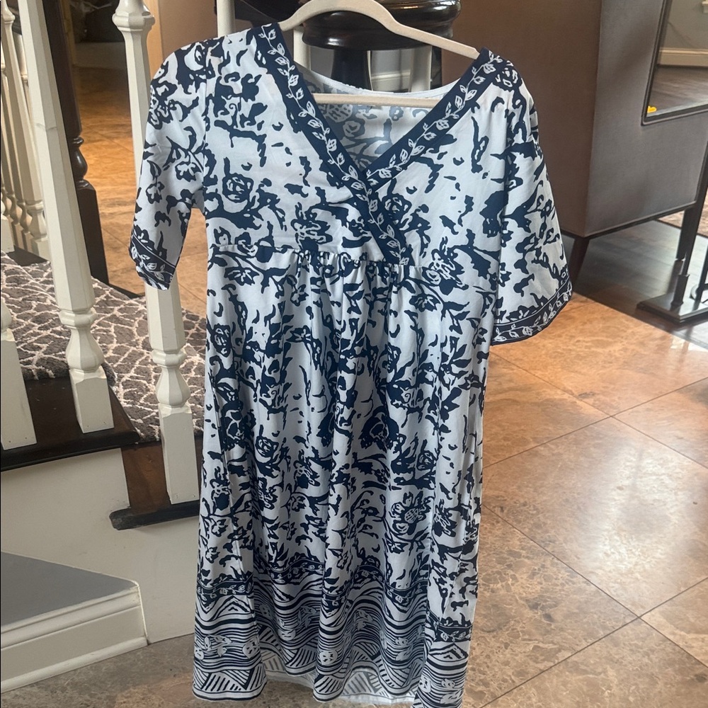Navy Floral Wrap-Style Midi Dress - Women's Casual V-Neck